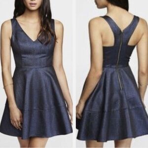 Express | Womens Blue Metallic Jacquard Fit & Flare Cocktail Dress - Size 12
